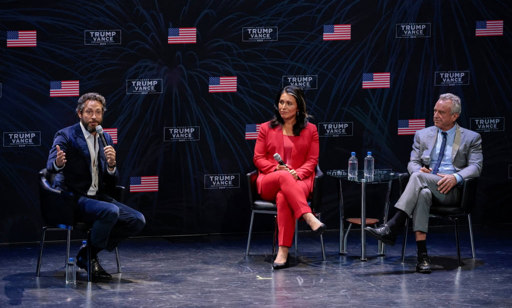 Zachary Levi moderates a discussion between fellow Donald Trump supporters Robert F. Kennedy Jr and Tulsi Gabbard in Dearborn, Michigan, on September 28. Photo: Reuters Zachary Levi moderates a discussion between fellow Donald Trump supporters Robert F. Kennedy Jr and Tulsi Gabbard in Dearborn, Michigan, on September 28. Photo: Reuters