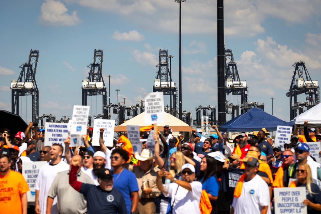 A strike by ILA members at the Bayport Container Terminal in Houston on Tuesday. Photo: AP