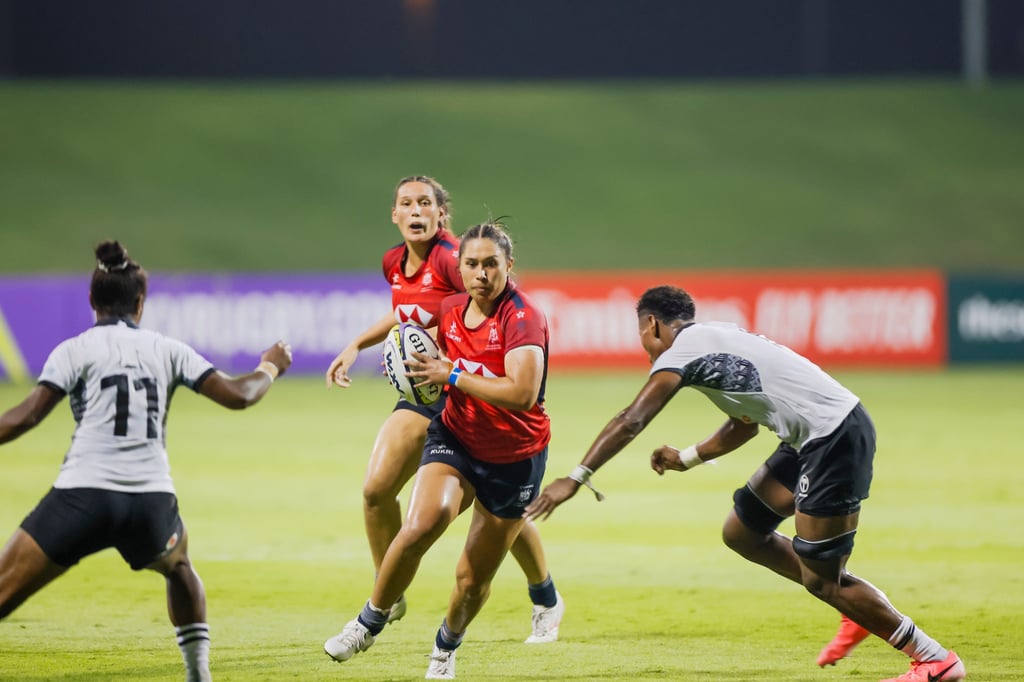 Hong Kong centre Gabby Rivers tries to crash through in the 38-3 loss to Fiji on Saturday. Photo: Charles Verghese Hong Kong centre Gabby Rivers tries to crash through in the 38-3 loss to Fiji on Saturday. Photo: Charles Verghese