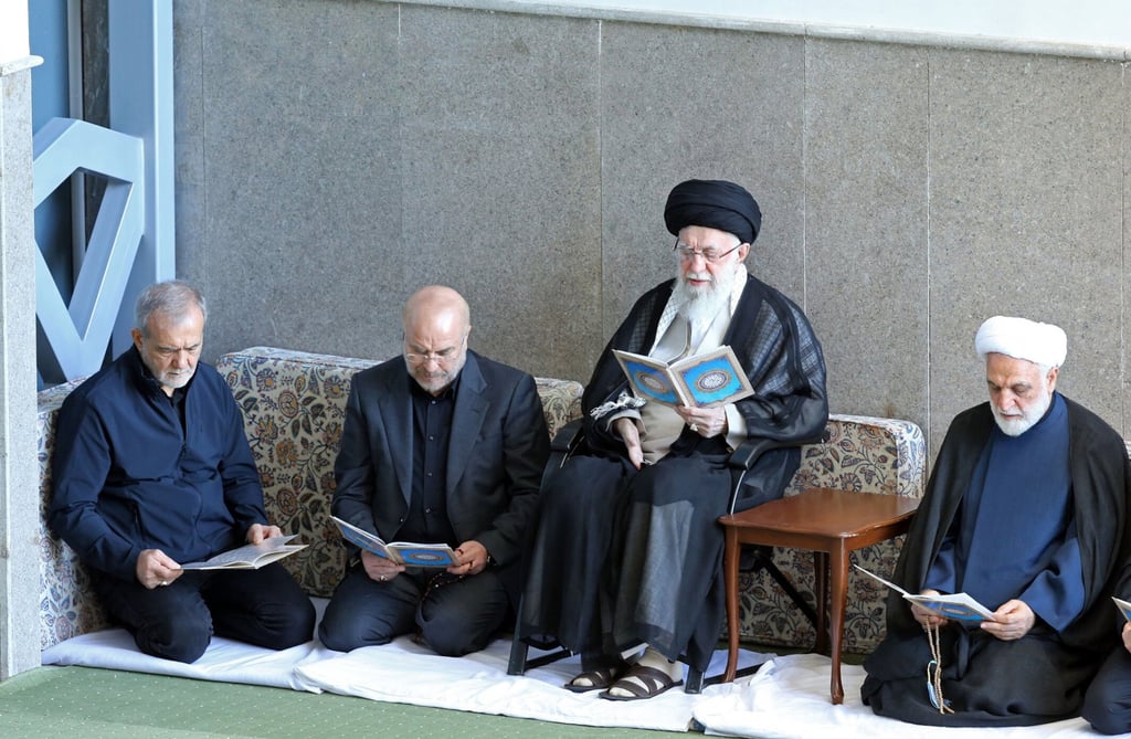 Iran’s Supreme Leader Ayatollah Ali Khamenei, Iranian President Masoud Pezeshkian, Iranian Parliament speaker Mohammad Bagher Ghalibaf and Iranian judiciary chief Mohsen Ejeie. Photo: Iranian Supreme Leader Office via EPA-EFE