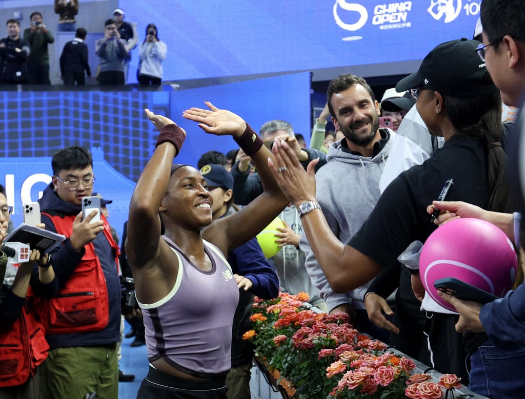 Coco Gauff is elated after completing her straight-sets victory on Sunday. Photo: Reuters