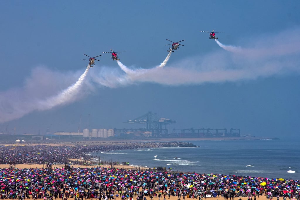 The Indian Air Force’s Sarang helicopter display team perform in Chennai on Sunday. Photo: EPA-EFE The Indian Air Force’s Sarang helicopter display team perform in Chennai on Sunday. Photo: EPA-EFE