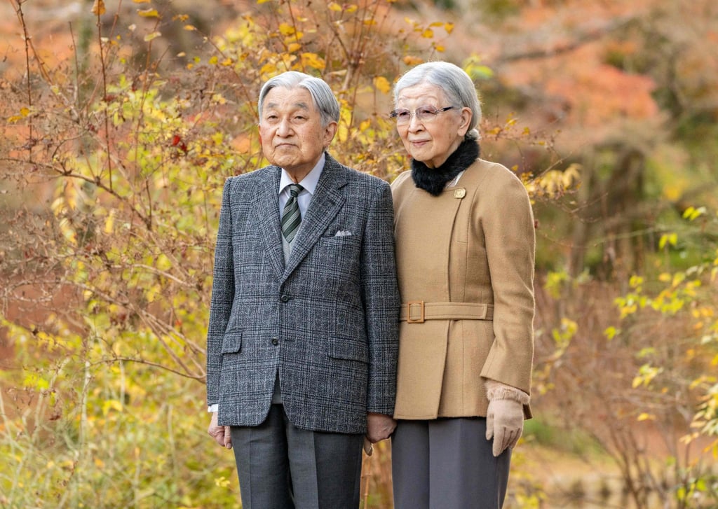 Japan’s Emperor Emeritus Akihito and Empress Emerita Michiko pose for a photo at the Akasaka imperial property residence in Tokyo. Photo: Imperial Household Agency of Japan/AFP
