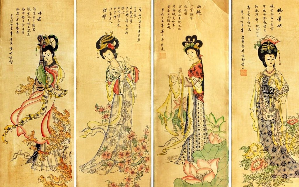 Representations of legendary historical figures, like Yang Guifei, far right, one of ancient China’s “Four Beauties”, frequently portray them wearing intricate make-up. Photo: Sohu/小伟说历史 Representations of legendary historical figures, like Yang Guifei, far right, one of ancient China’s “Four Beauties”, frequently portray them wearing intricate make-up. Photo: Sohu/小伟说历史