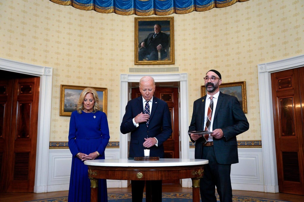 US first lady Jill Biden and US President Joe Biden take part in a yahrzeit candle lighting. Photo: Bloomberg