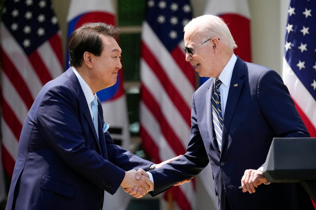South Korean President Yoon Suk-yeol shakes hands with US President Joe Biden during a news conference at the White House in April last year. Photo: AP South Korean President Yoon Suk-yeol shakes hands with US President Joe Biden during a news conference at the White House in April last year. Photo: AP