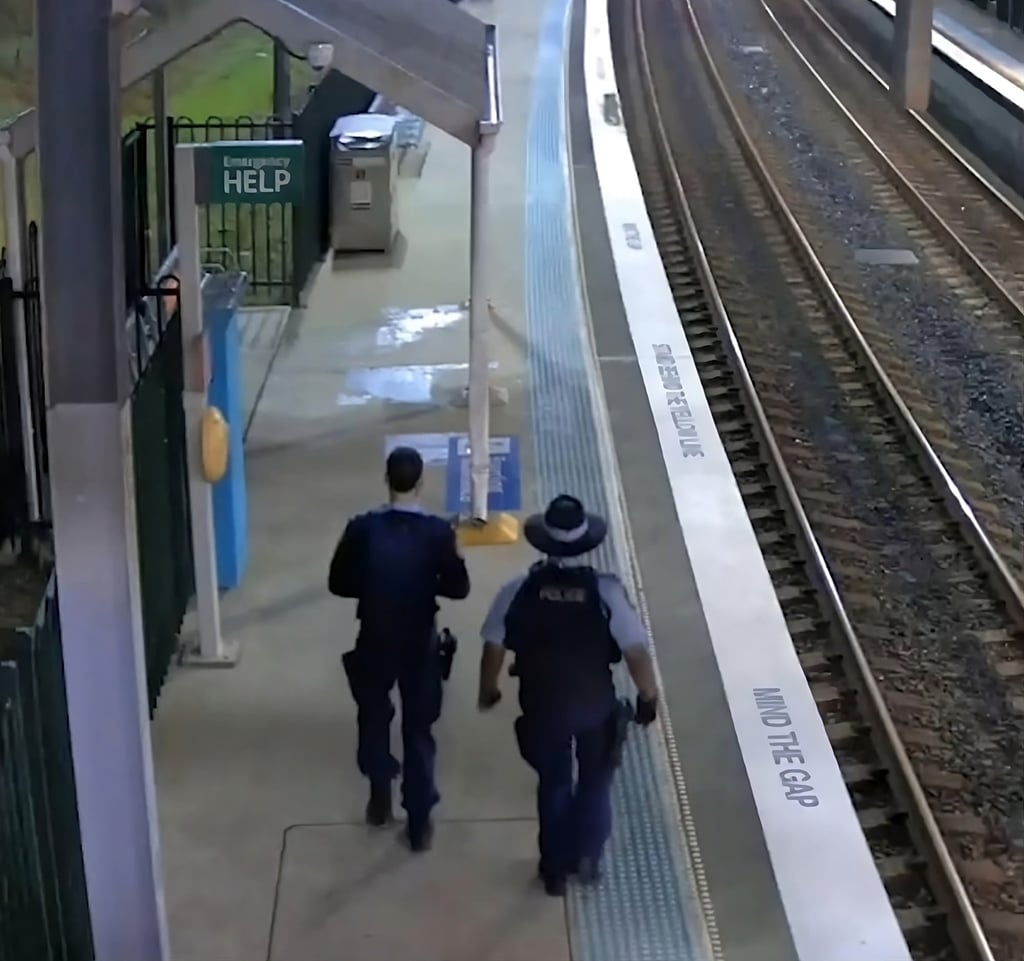 Police officers follow the koala (top right) at Sydney’s Casula station in this still from video footage released by Transport for New South Wales. Photo: Facebook/TransportforNSW Police officers follow the koala (top right) at Sydney’s Casula station in this still from video footage released by Transport for New South Wales. Photo: Facebook/TransportforNSW