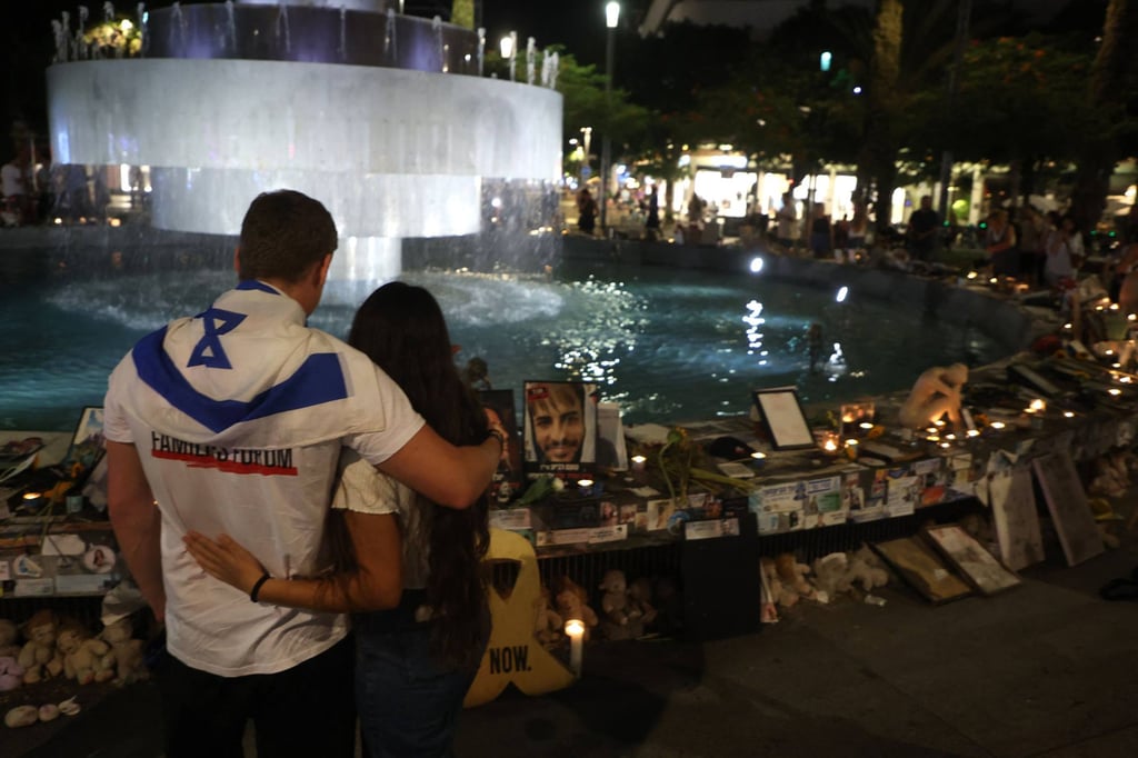 People gather to mark the first anniversary of the October 7 attacks in Tel Aviv, Israel on Monday. Photo: AFP