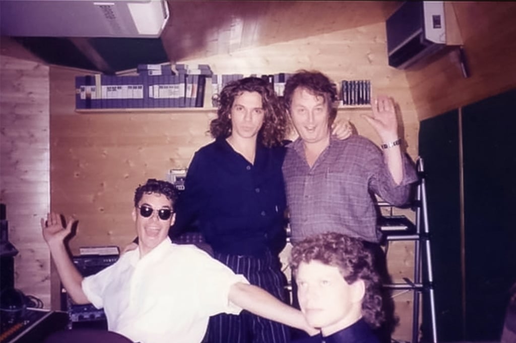 Benjamin Quinlan’s dad, Noel Quinlan, with Michael Hutchence of Australian band INXS recording their album, Kick, at his recording studio, the Sound Department. Photo: Courtesy of Ben Quinlan Benjamin Quinlan’s dad, Noel Quinlan, with Michael Hutchence of Australian band INXS recording their album, Kick, at his recording studio, the Sound Department. Photo: Courtesy of Ben Quinlan