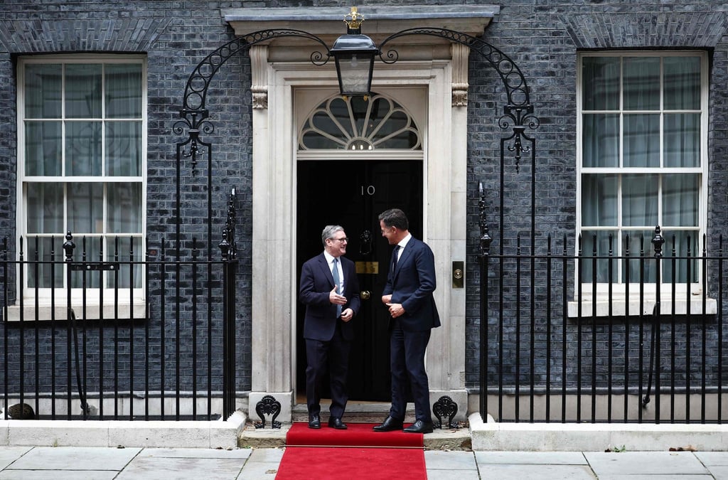 Nato Secretary General Mark Rutte (right) talks with Britain’s Prime Minister Keir Starmer as he leaves after their meeting at 10 Downing Street. Photo: AFP
