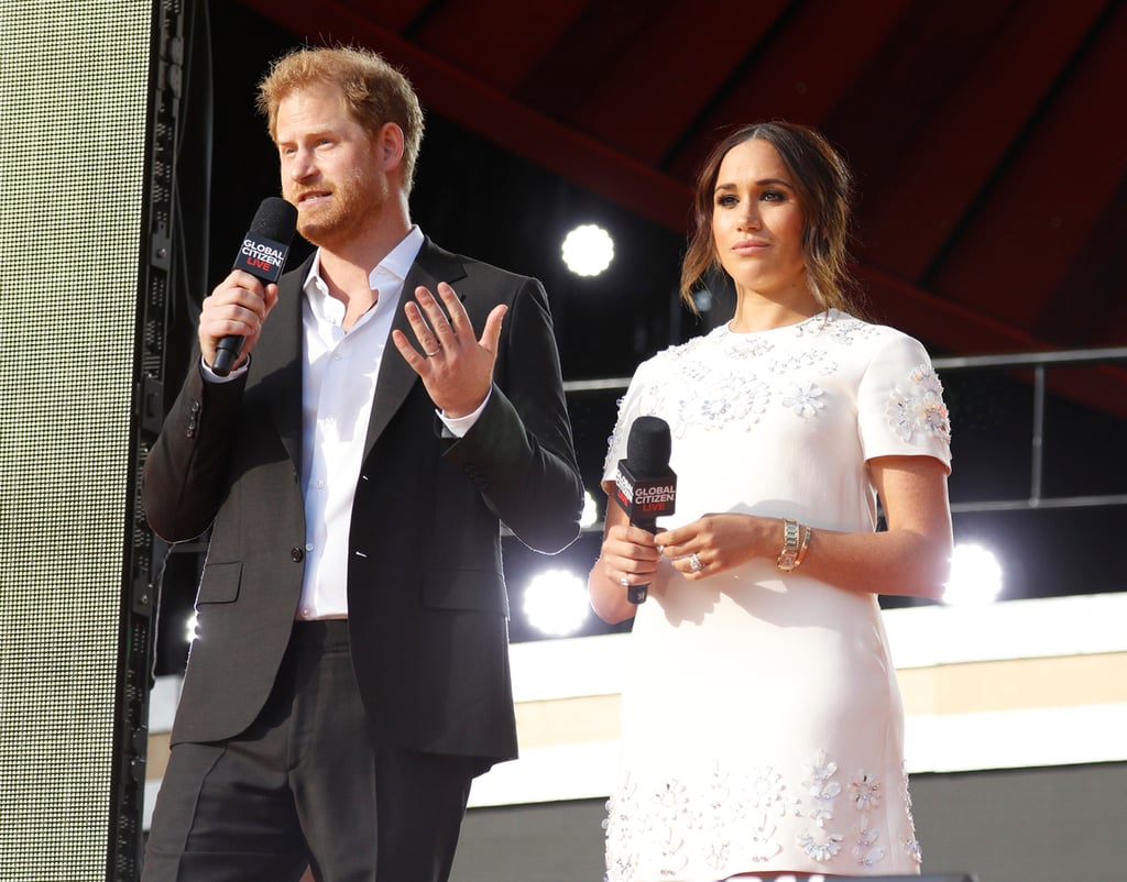Prince Harry, Duke of Sussex, and Meghan, Duchess of Sussex speaking onstage during Global Citizen Live in 2021, in New York City. Photo: Getty Images/TNS