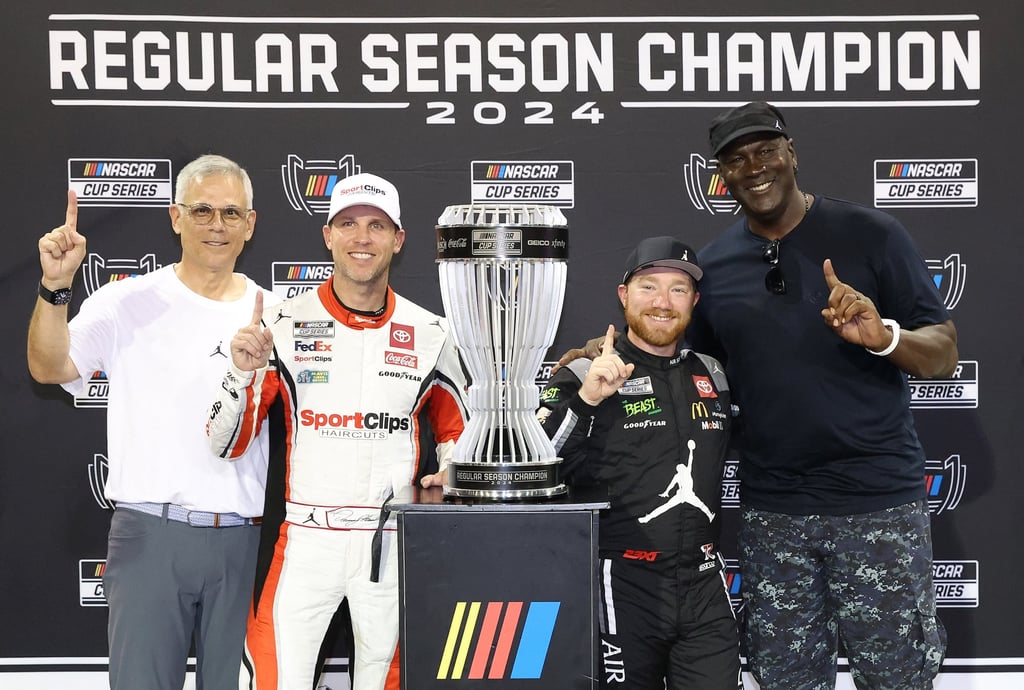 Tyler Reddick (second from right) last month with NBA Hall of Famer Michael Jordan after the Nascar Cup Series Cook Out Southern 500 at Darlington Raceway in South Carolina. Photo: Getty Images Tyler Reddick (second from right) last month with NBA Hall of Famer Michael Jordan after the Nascar Cup Series Cook Out Southern 500 at Darlington Raceway in South Carolina. Photo: Getty Images