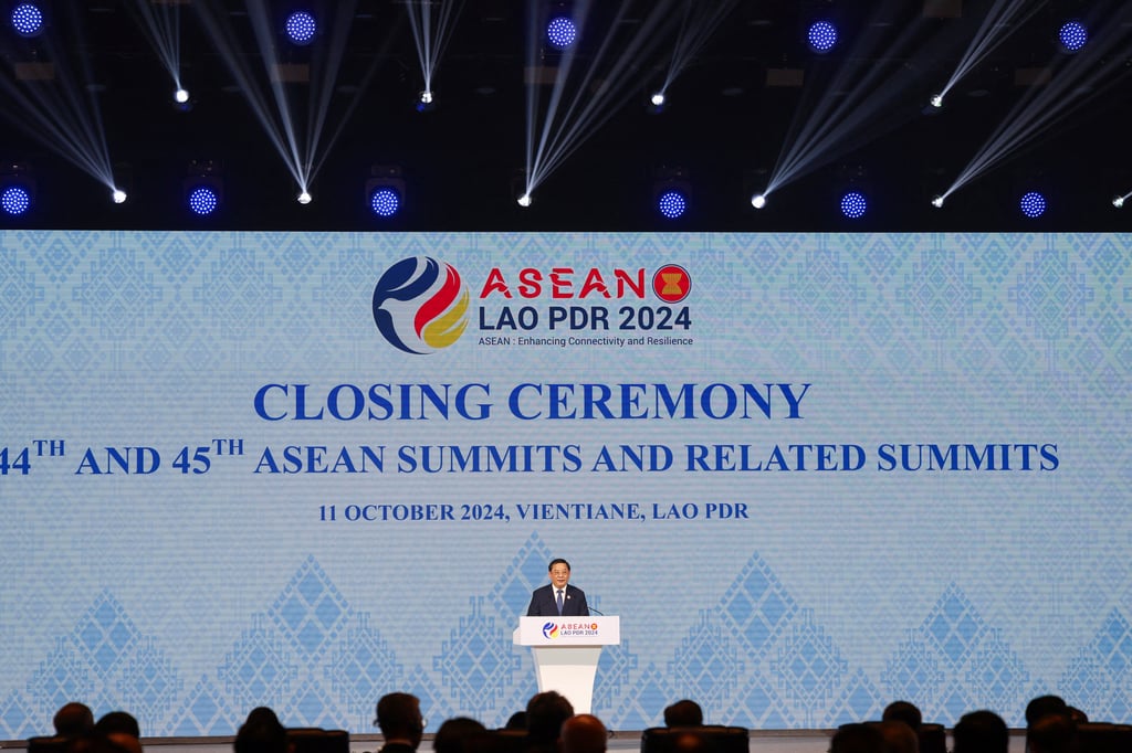 Laos’ Prime Minister Sonexay Siphandone speaks during the closing ceremony of the 44th and 45th Asean Summits and Related Summits. Photo: Reuters