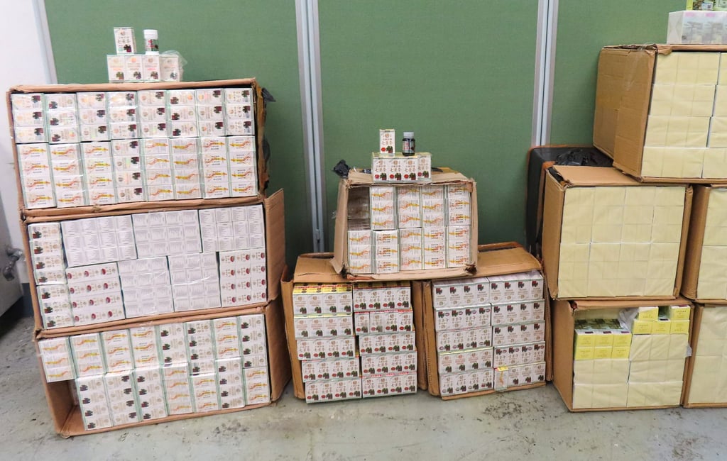 The illegal consignment also included 3,300 boxes of a Chinese proprietary medicine containing the fungal herb gastrodia elata. Photo: ISD Handout