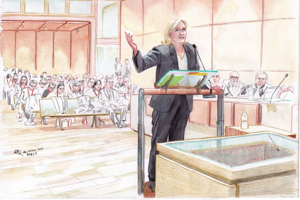 A courtroom sketch shows French far-right leader Marine Le Pen during her trial. Photo: AP Photo/Valentin Pasquier