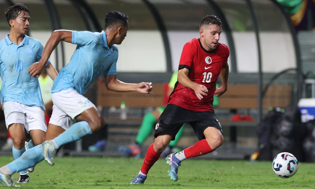 Stefan Pereira on the ball against Cambodia at Hong Kong Stadium on Tuesday. Photo: Dickson Lee
