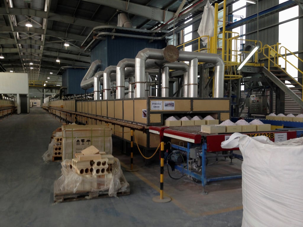 Rare earth oxides praseodymium and neodymium in the final stage of production at Lynas’ plant in Malaysia. Photo: Reuters Rare earth oxides praseodymium and neodymium in the final stage of production at Lynas’ plant in Malaysia. Photo: Reuters