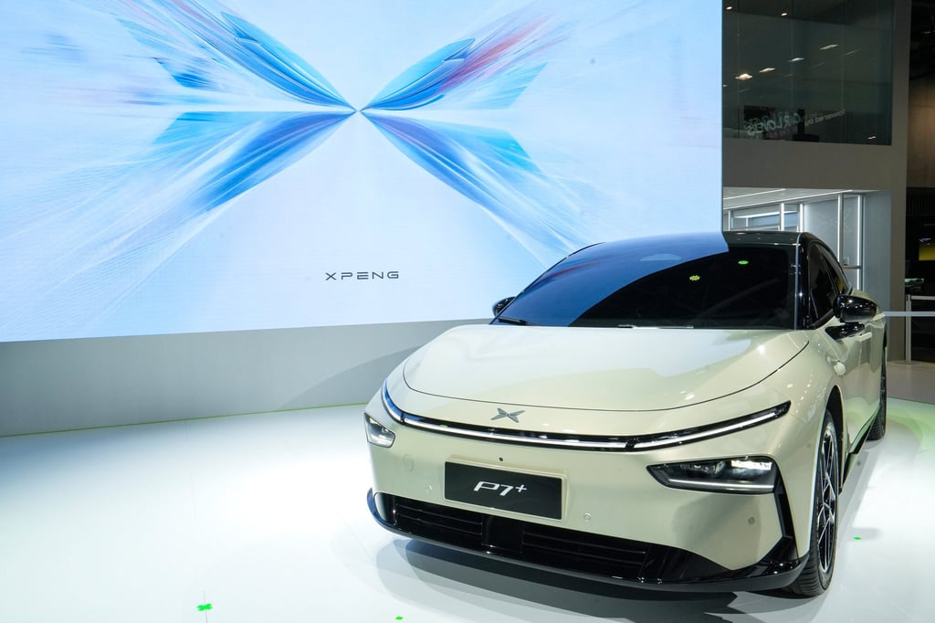 The Xpeng P7+ electric sedan is displayed at at the Paris Motor Show. Photo: Bloomberg