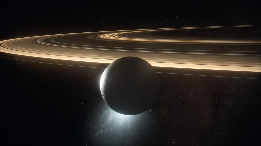 Ice erupting from the south pole of Saturn’s moon, Enceladus, in a still from Solar System. Photo: BBC Ice erupting from the south pole of Saturn’s moon, Enceladus, in a still from Solar System. Photo: BBC