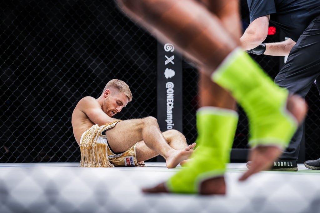 Jonathan Haggerty is floored by Superlek Kiatmoo9 just 49 seconds into their Muay Thai bantamweight title battle at ONE 168. Photo: ONE Championship Jonathan Haggerty is floored by Superlek Kiatmoo9 just 49 seconds into their Muay Thai bantamweight title battle at ONE 168. Photo: ONE Championship