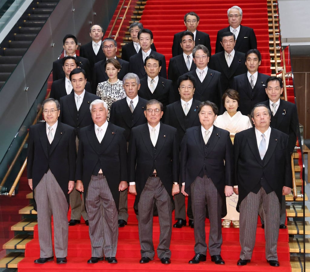 Japan’s new Prime Minister Shigeru Ishiba (front row, middle) and members of his cabinet at the prime minister’s official residence in Tokyo. Photo: AFP Japan’s new Prime Minister Shigeru Ishiba (front row, middle) and members of his cabinet at the prime minister’s official residence in Tokyo. Photo: AFP