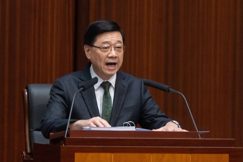 John Lee, Hong Kong’s chief executive, delivers his policy address at the Legislative Council. Photo: Bloomberg