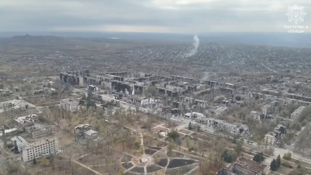 A drone view shows damaged buildings in the aftermath of a strike in Toretsk, Ukraine. Photo: Reuters