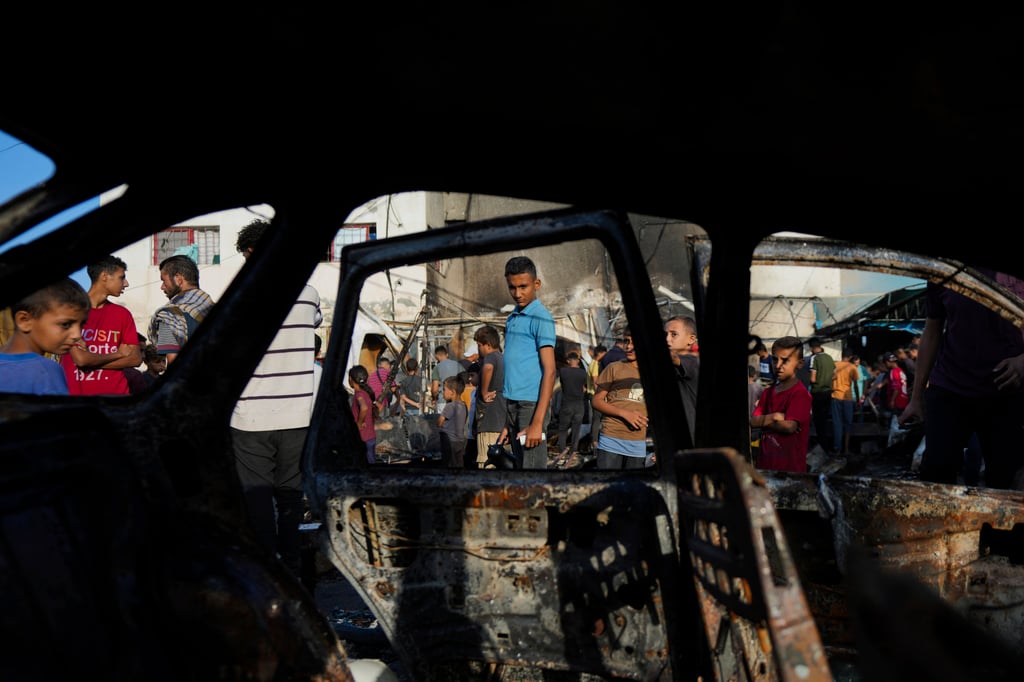 The aftermath of an Israeli strike that hit a tent area in the courtyard of Al-Aqsa Martyrs hospital in Deir al Balah, Gaza Strip. Photo: AP The aftermath of an Israeli strike that hit a tent area in the courtyard of Al-Aqsa Martyrs hospital in Deir al Balah, Gaza Strip. Photo: AP