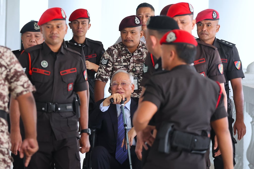 Former Malaysian prime minister Najib Razak, who is in a wheelchair, at the Kuala Lumpur High Court last month. Photo: EPA-EFE