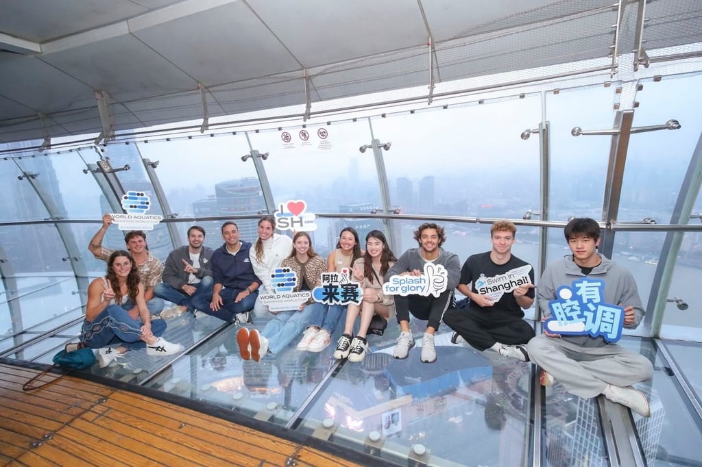 (From right) Pan Zhanle, Leon Marchand, Thomas Ceccon, Zhang Yufei and Siobhan Haughey in Shanghai. Photo: X/@CHNswim_fan