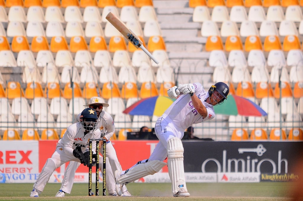 England captain Ben Stokes loses his bat before being stumped by Mohammad Rizwan. Photo: EPA-EFE