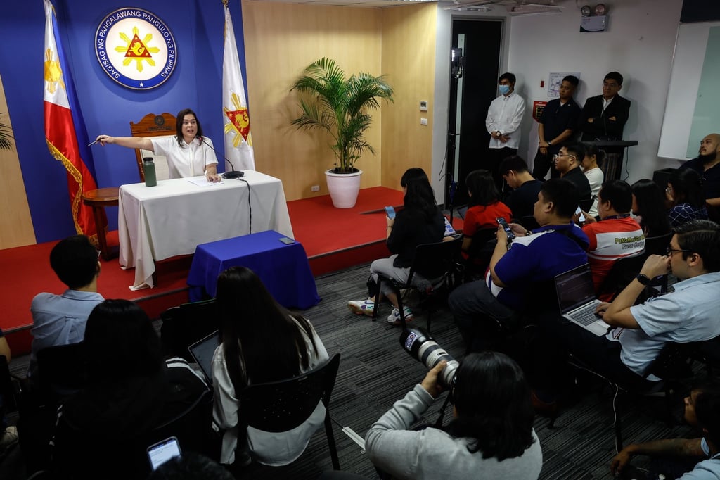 Philippine Vice-President Sara Duterte during a press conference on Friday. Since she resigned in June, the vice-president’s poll ratings have been dipping, except in Mindanao. Photo: EPA-EFE