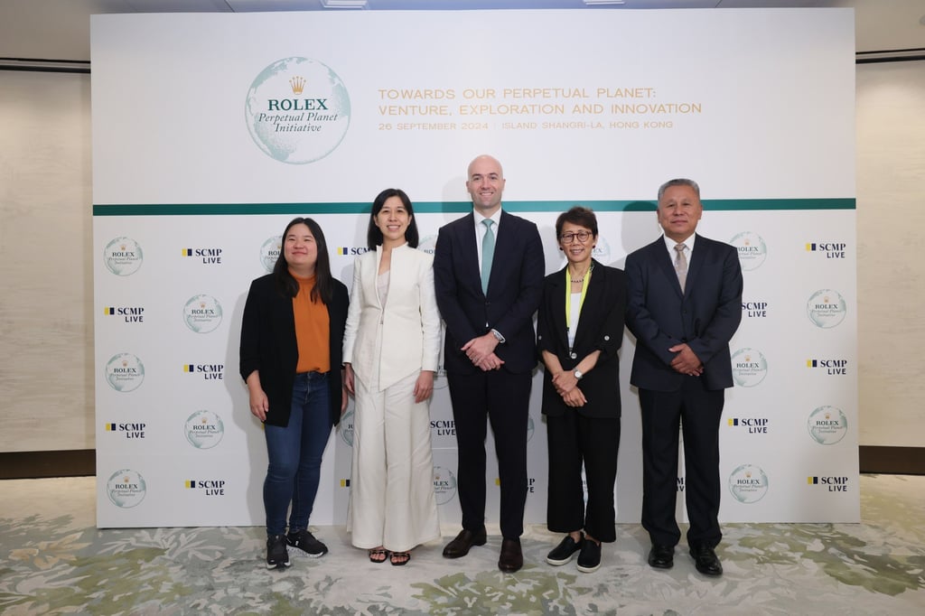 (From left) Rolex Awards Laureates Miranda Wang and Denica Riadini-Flesch, Maxim Lamarre of Rolex, Christine Loh of HKUST and Rolex Laureate Liu Shaochuang at the Towards Our Perpetual Planet event.