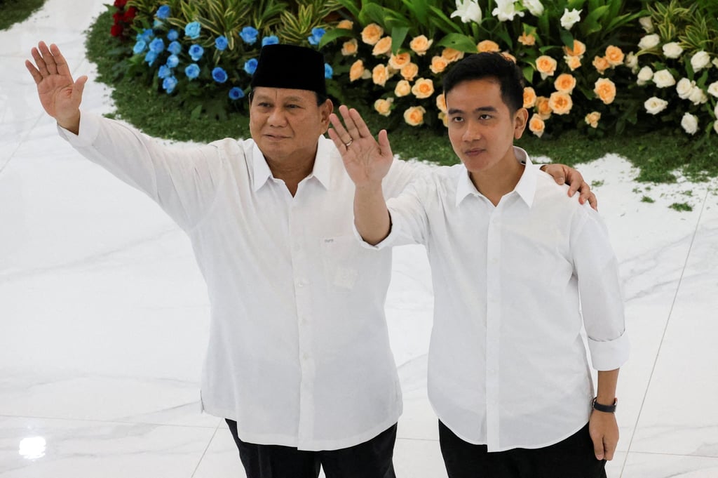 Prabowo Subianto with running mate Gibran Rakabuming Raka at the General Election Commission headquarters in Jakarta in April. Photo: Reuters