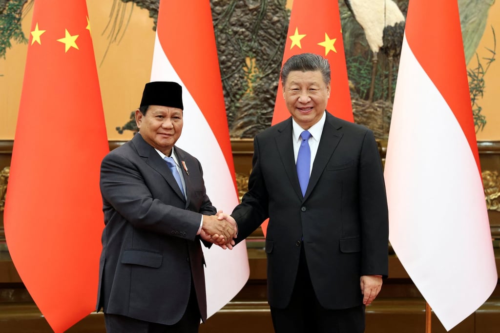 Chinese President Xi Jinping with Prabowo in Beijing in April. Photo: China Daily via Reuters