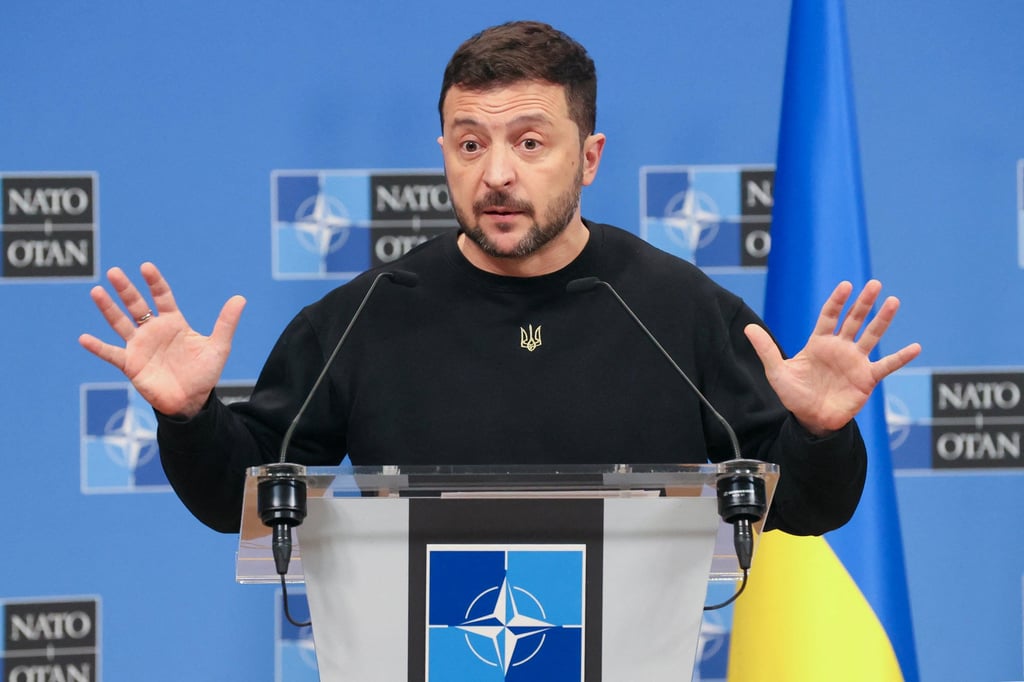 Ukraine’s President Volodymyr Zelensky speaks during a press conference at the Nato headquarters in Brussels on Thursday. Photo: TNS Ukraine’s President Volodymyr Zelensky speaks during a press conference at the Nato headquarters in Brussels on Thursday. Photo: TNS