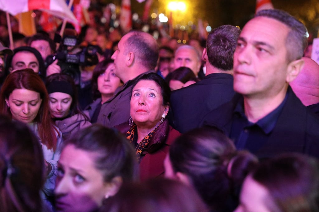 Georgia’s President Salome Zourabichvili, centre, attends a campaign rally held by supporters of pro-Western and pro-EU opposition groups in Tbilisi, Georgia on Sunday. Photo: Reuters