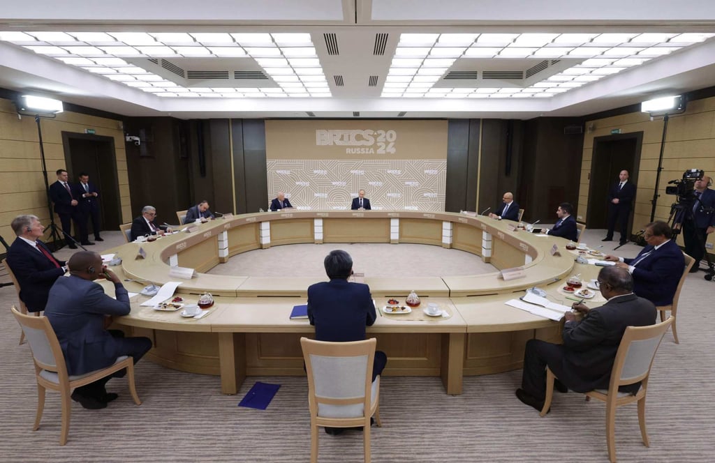 Russia’s President Vladimir Putin meeting with the heads of leading media outlets from the Brics member countries. Photo: AFP Russia’s President Vladimir Putin meeting with the heads of leading media outlets from the Brics member countries. Photo: AFP