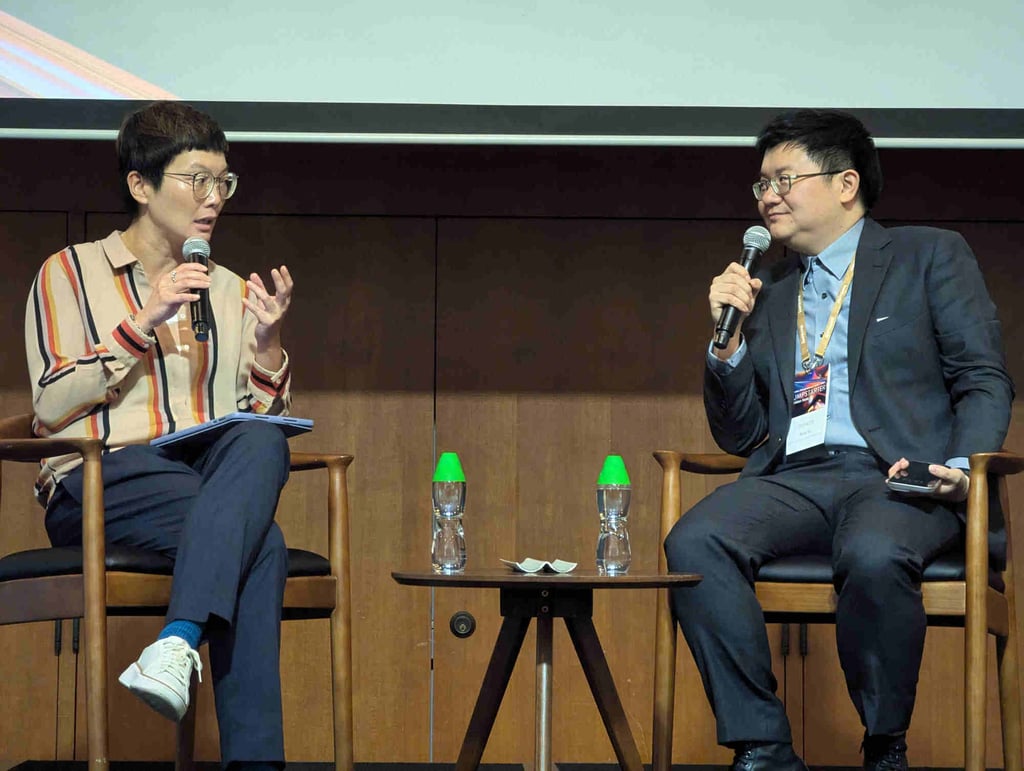 Crystal Fok (left), director of AI applications at Cyberport, speaks with Rong Yu, director of the Language and Science AI Lab at Alibaba’s Damo Academy, in a panel discussion about harnessing large language models for the Asia-Pacific market. Photo: Matt Haldane Crystal Fok (left), director of AI applications at Cyberport, speaks with Rong Yu, director of the Language and Science AI Lab at Alibaba’s Damo Academy, in a panel discussion about harnessing large language models for the Asia-Pacific market. Photo: Matt Haldane