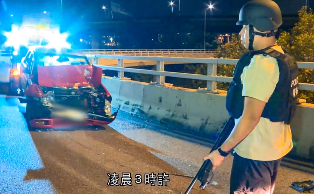 One passenger was injured in the crash that left the taxi with extensive damage. Photo: Cable TV News One passenger was injured in the crash that left the taxi with extensive damage. Photo: Cable TV News
