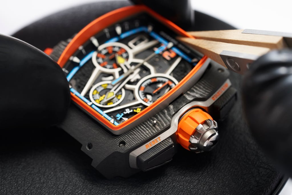 The dial design of the Richard Mille RM 65-01 McLaren W1 is inspired by the supercar maker’s aesthetics