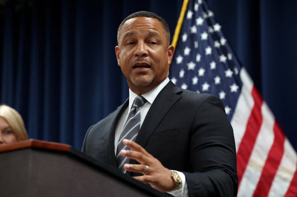US Attorney Breon Peace speaks during a news conference regarding the indictment of the former CEO of Abercrombie & Fitch, Mike Jeffries, on sex trafficking and prostitution charges, in New York on Tuesday. Photo: Reuters
