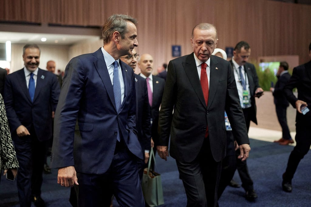 Turkish President Tayyip Erdogan meets Greek Prime Minister Kyriakos Mitsotakis (left) on the sidelines of a Nato summit in Washington in July. Photo: Greek Prime Minister’s Office/Handout via Reuters Turkish President Tayyip Erdogan meets Greek Prime Minister Kyriakos Mitsotakis (left) on the sidelines of a Nato summit in Washington in July. Photo: Greek Prime Minister’s Office/Handout via Reuters
