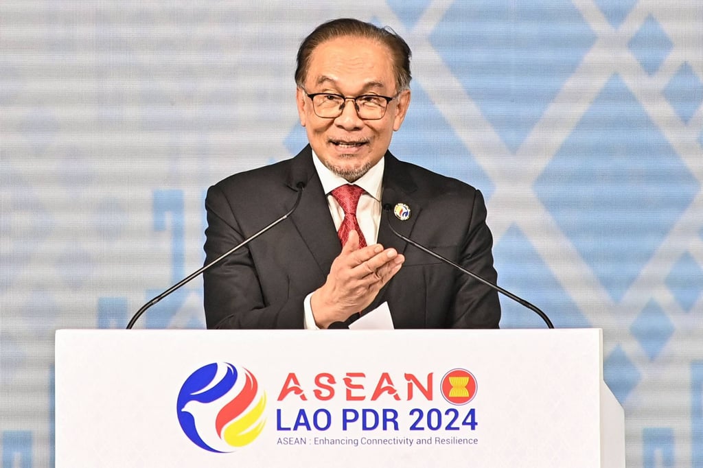Malaysia’s Prime Minister Anwar Ibrahim speaks during the closing ceremony of the Asean summits in Laos earlier this month. Photo: AFP