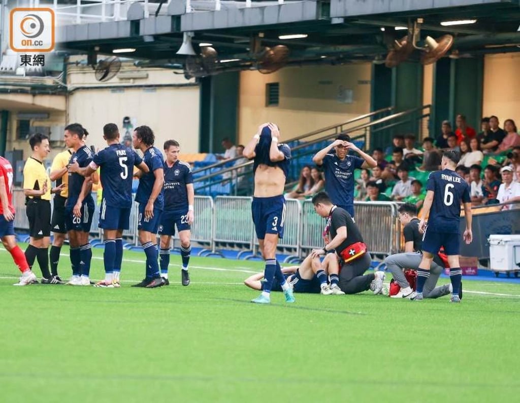 Dominic Johns’ teammates react after the tackle that left him seriously injured. Photo: HKFC Dominic Johns’ teammates react after the tackle that left him seriously injured. Photo: HKFC