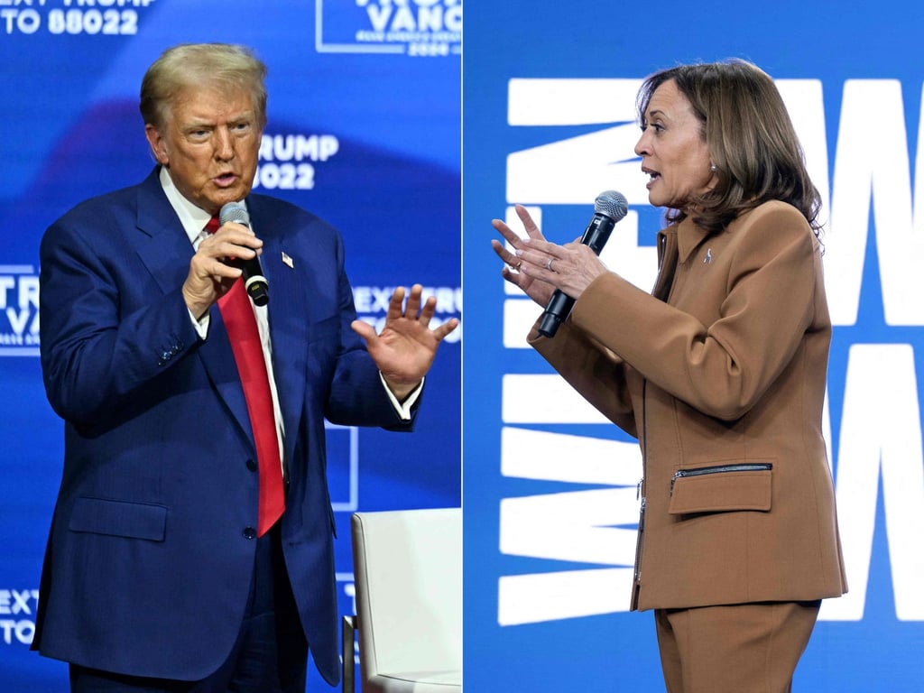 Republican presidential candidate Donald Trump in Pennsylvania on October 14, and Democratic presidential candidate Kamala Harris in Michigan on October 26. Photo: AFP Republican presidential candidate Donald Trump in Pennsylvania on October 14, and Democratic presidential candidate Kamala Harris in Michigan on October 26. Photo: AFP
