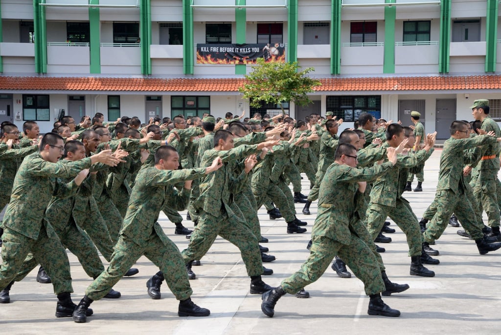 National service recruits demonstrate hand-to-hand combat moves as part of basic training on Pulau Tekong, off Singapore. Photo: AFP