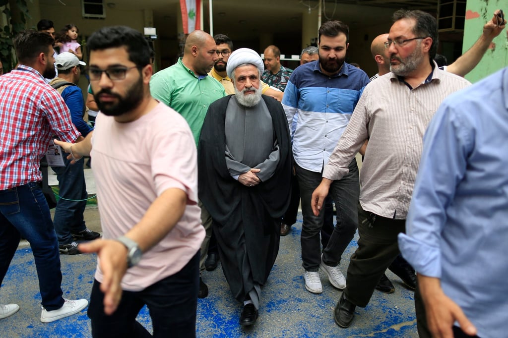 Naim Kassem after casting his vote during Lebanon’s 2018 parliamentary elections in Beirut. He was appointed as Hezbollah’s deputy chief in 1991. Photo: AP