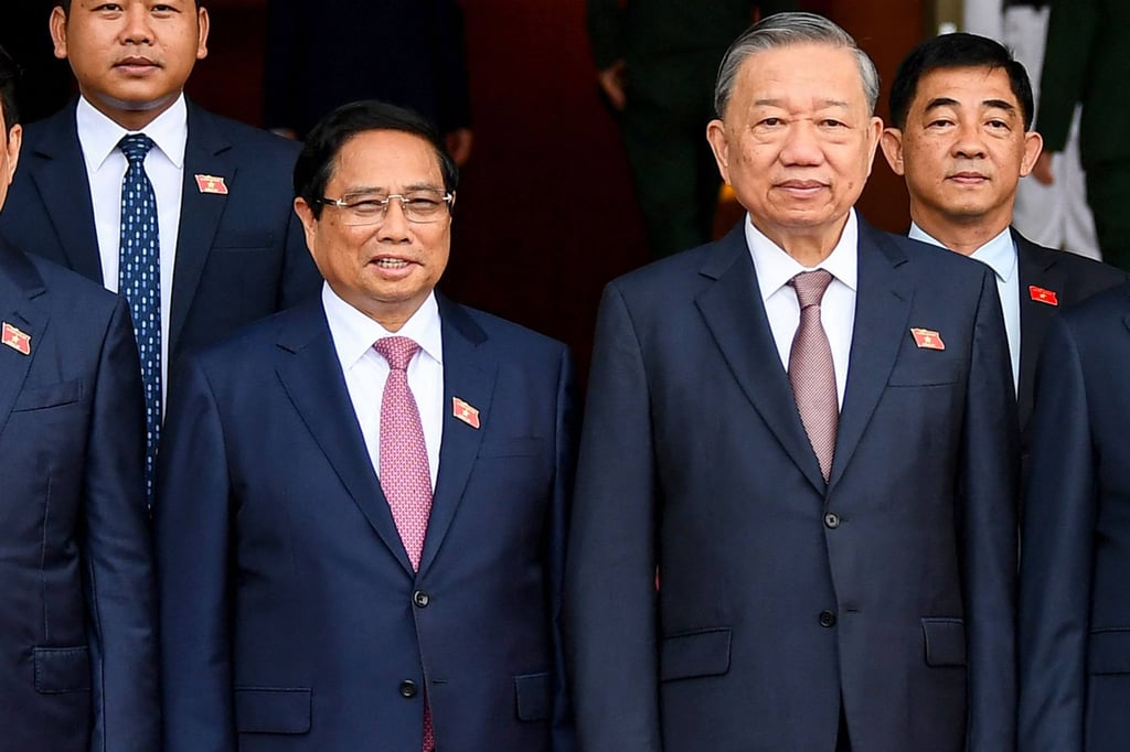 Vietnam’s Prime Minister Pham Minh Chinh, Communist Party General Secretary To Lam and other officials before the opening of the National Assembly in Hanoi on October 21. Photo: AFP Vietnam’s Prime Minister Pham Minh Chinh, Communist Party General Secretary To Lam and other officials before the opening of the National Assembly in Hanoi on October 21. Photo: AFP
