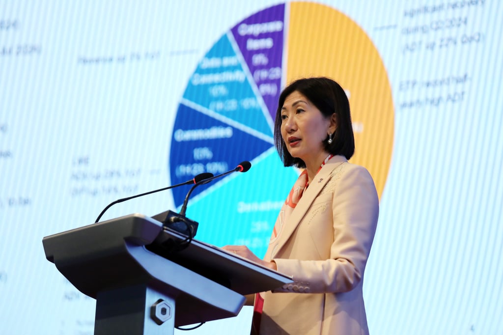 CEO Chan speaks at a press conference on HKEX’s interim result in Central in August 2024. Photo: Xiaomei Chen